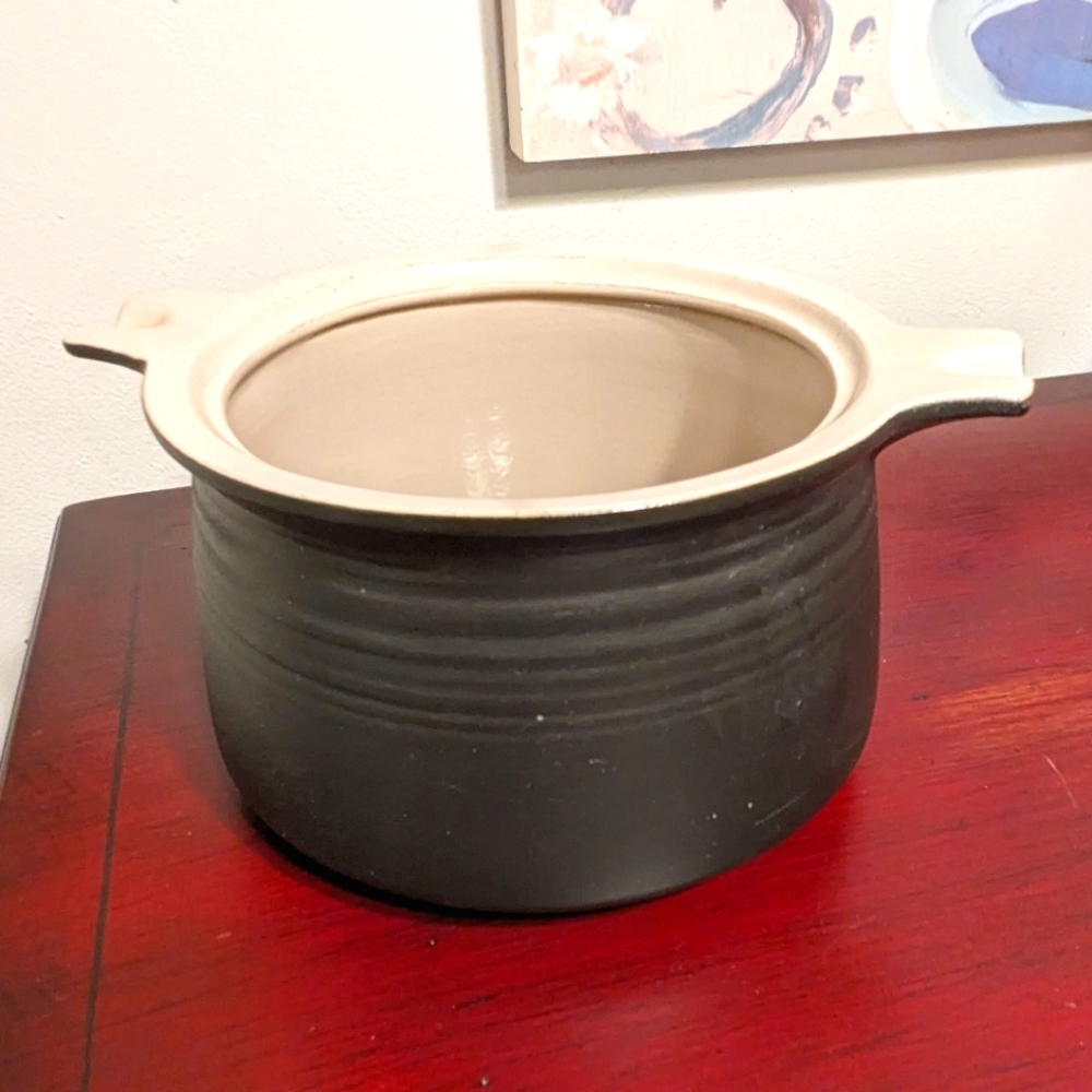 Franciscan Clay Handmade Pot Glazed Handles 64 Oz Made in France Black Planter